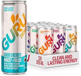 GURU Zero Sugar Sparkling Energy Drink, Variety Pack, 355 mL, 12 Pack | 140 MG Natural Caffeine & Coconut Water for Workouts, Performance & Midday Boost, 6 Flavor Variety, Organic, Gluten Free