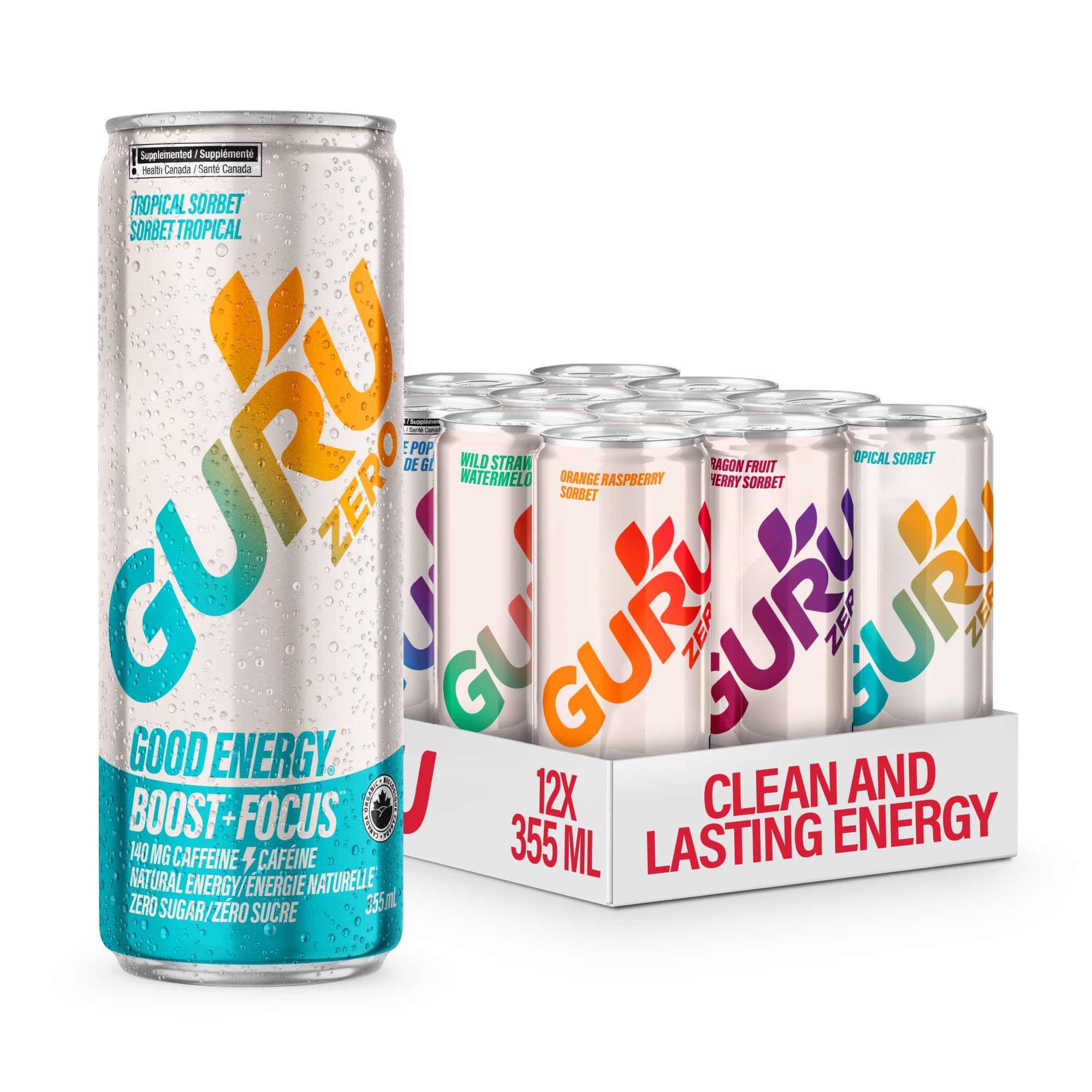 GURU Zero Sugar Sparkling Energy Drink, Variety Pack, 355 mL, 12 Pack | 140 MG N