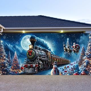 Preboun Polar Believe Garage Door Decoration 7x16ft Outdoor Wall Decor Polar Santa Claus