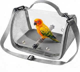 Portable Bird Travel Carrier with Transparent Front & Breathable Mesh, Lightweight Parrot Backpack Includes Wooden Perch & Washable Tray for Outdoor Hiking, Walking and Vet Visits (Grey)