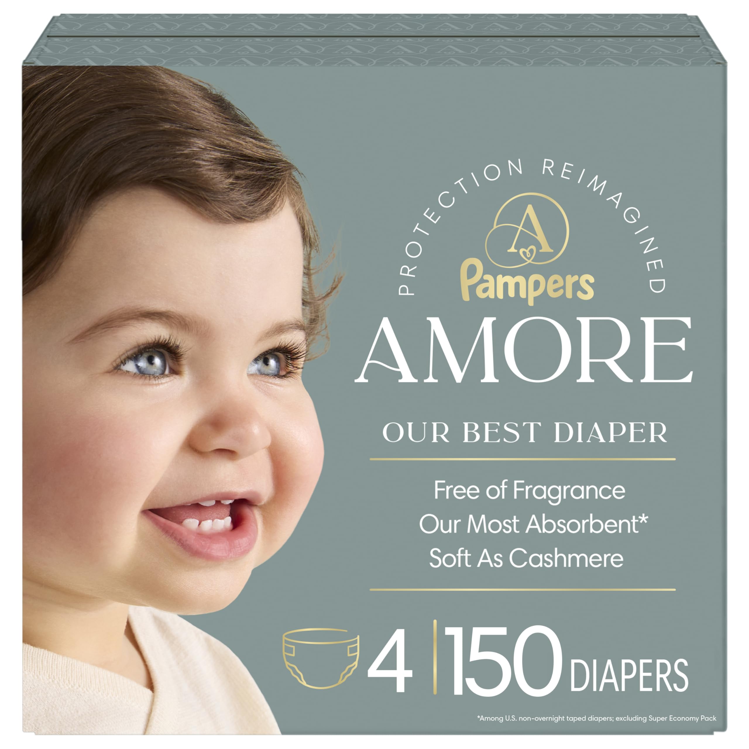 Pampers Amore, Size 4 (15-34 lbs), 150 Count, Our Best Diaper – Hypoallergenic &