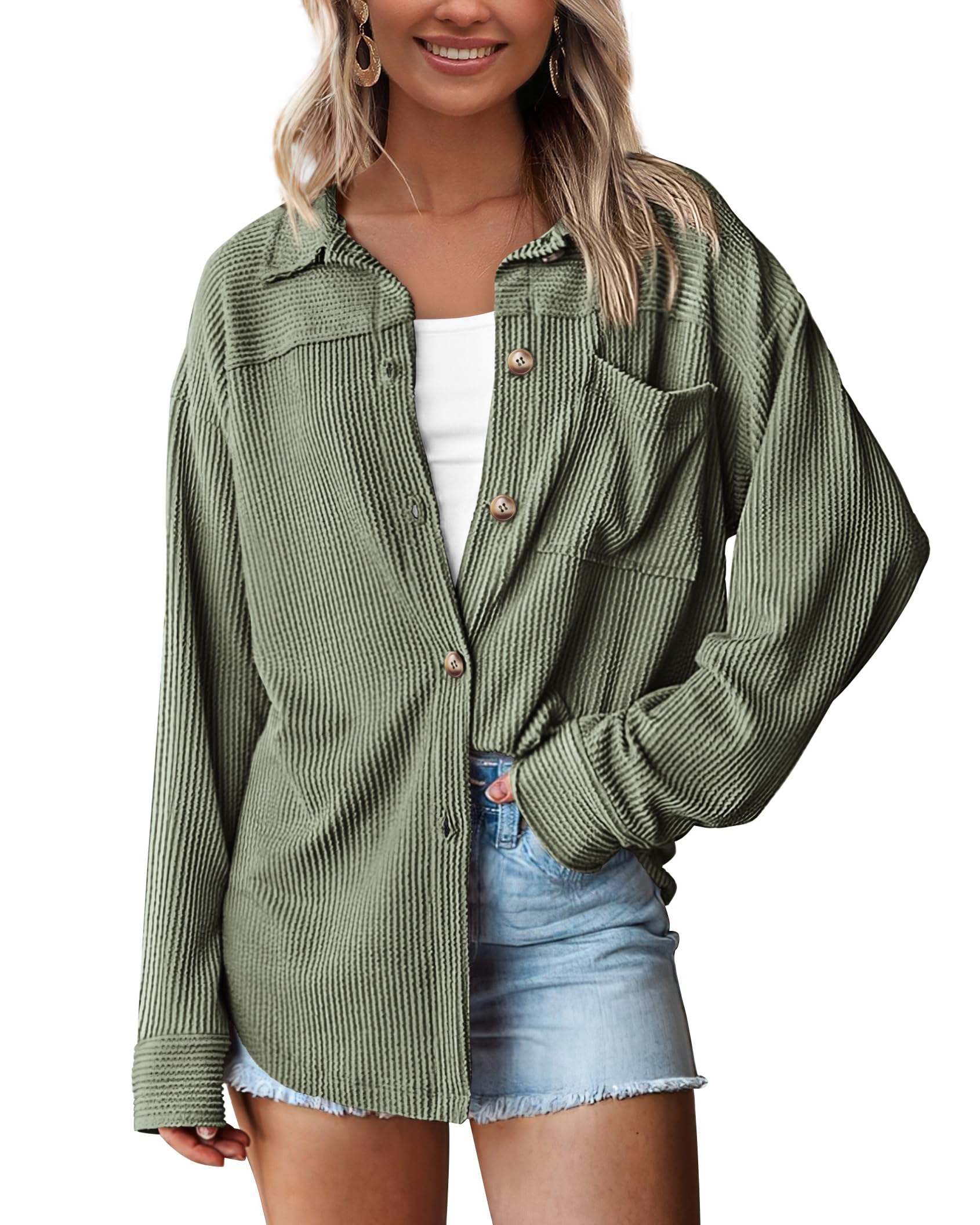 PRETTYGARDEN Women's Textured Oversized Button Down Shirts