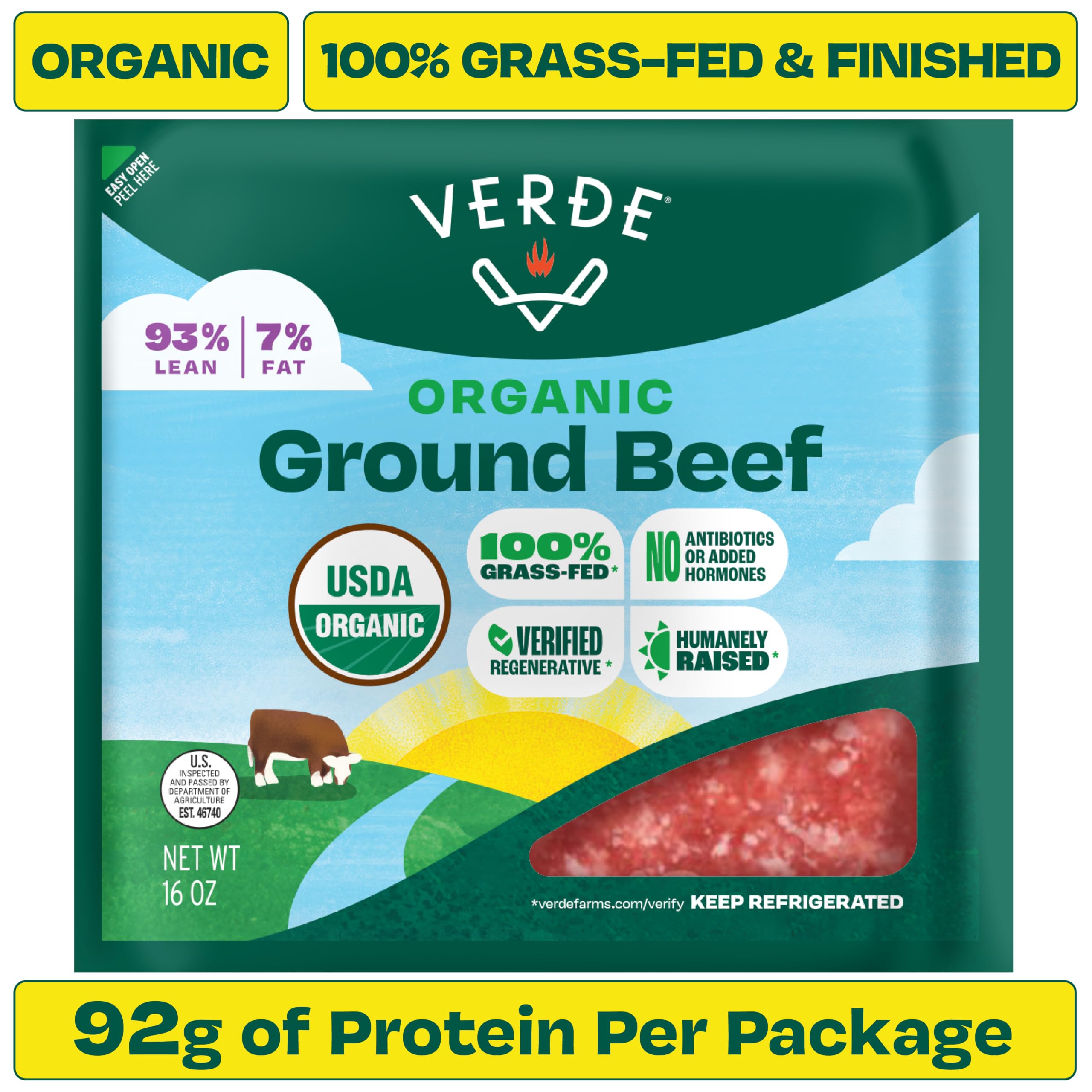 Verde Farms, Ground Beef 93% Lean/7% Fat, Organic, Grass-Fed, 1 lb