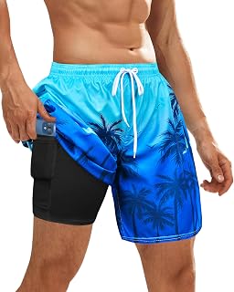 OlyPegic Mens Swim Trunks Bathing Suit Mens Swimwear Shorts Quick Dry with Compression Liner Beach Board with Zipper Pock