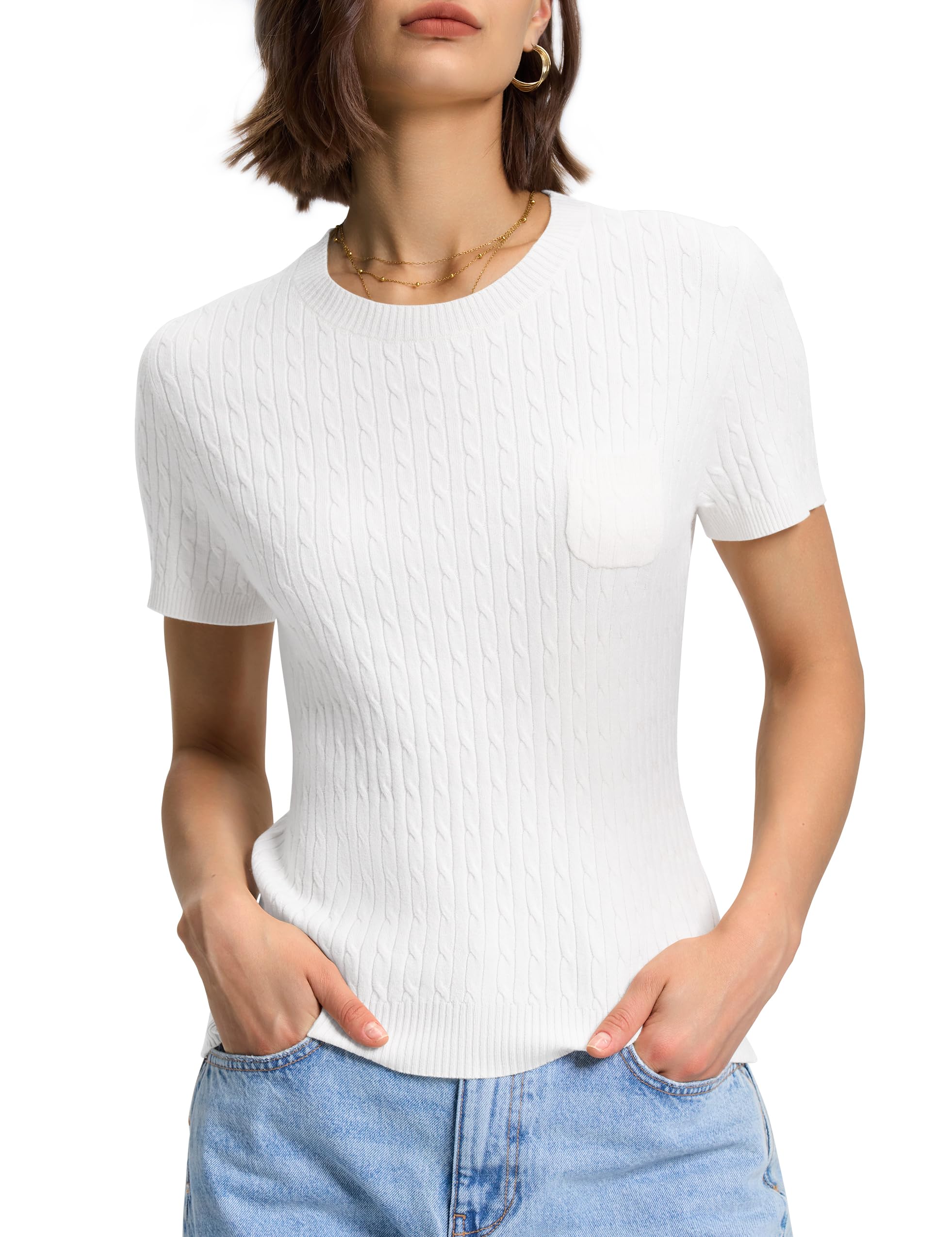 Womens Short Sleeve Round Neck Knitted Casual Lightweight Jumper
