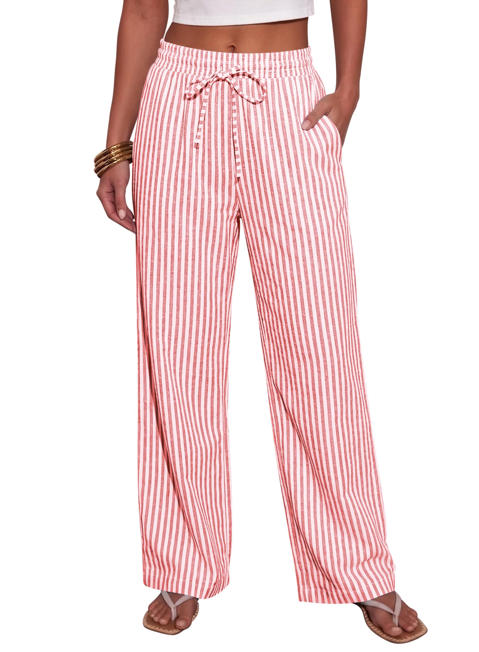 NONSAR Women's Striped Cotton Leisure Lightweight Trousers with Pockets