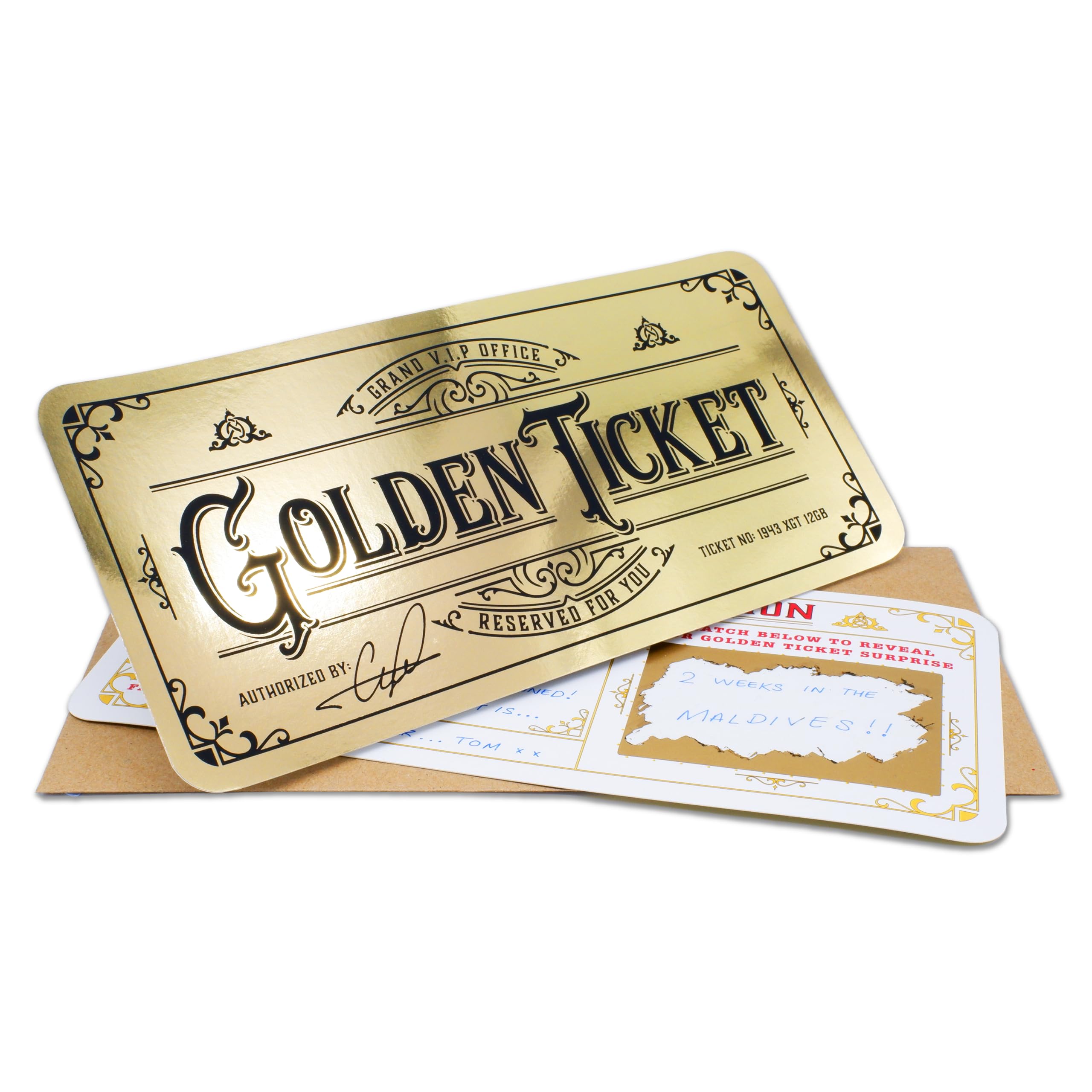 Deluxe Golden Ticket Scratch & Reveal card with envelope. Perfect for any surpri