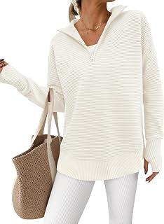 PRETTYGARDEN Women's Long Sleeve Quarter Zip Casual V Neck Ribbed Thumb Hole Sweater Tops