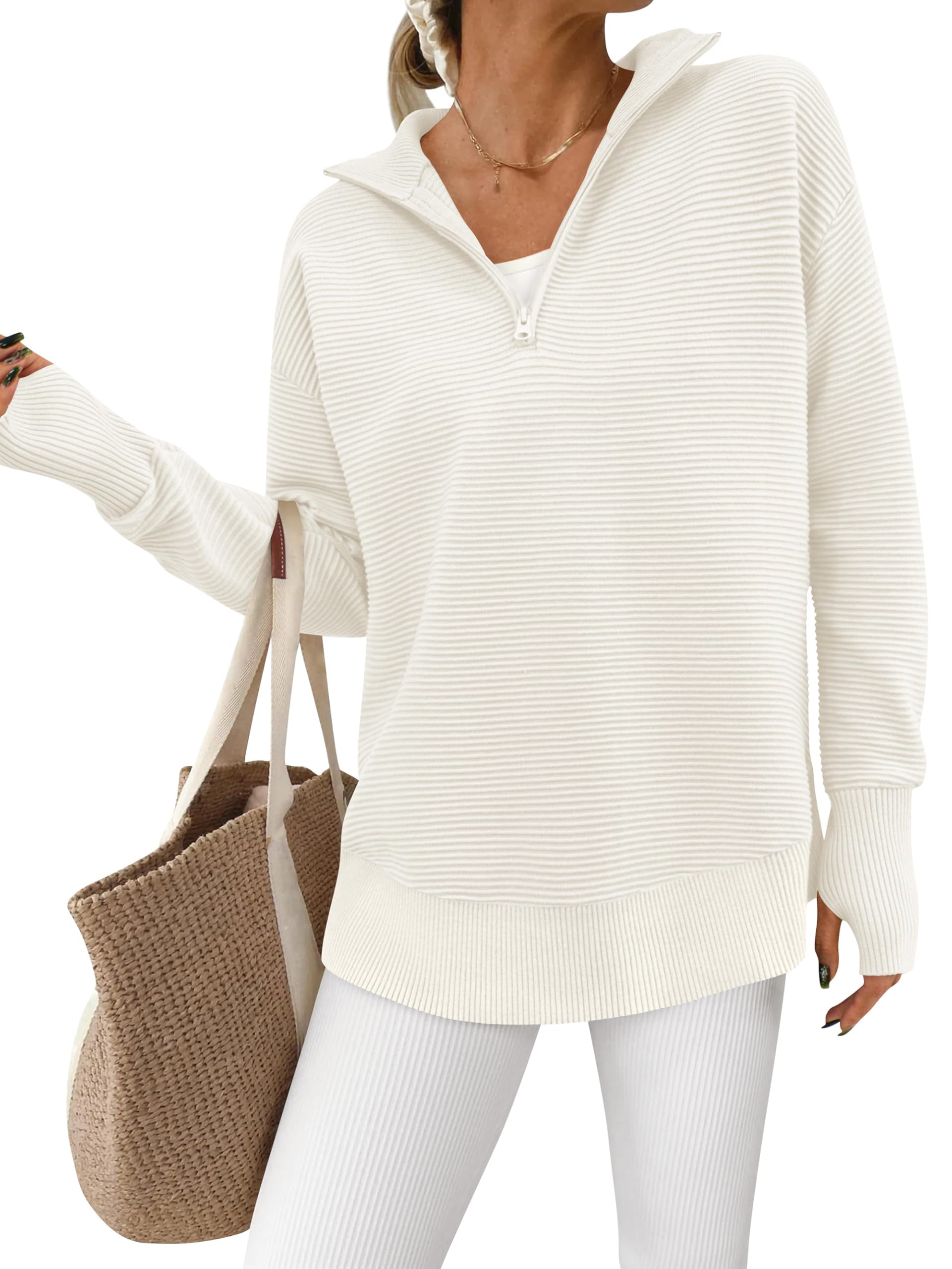 PRETTYGARDEN Women's Long Sleeve Quarter Zip Casual V Neck Ribbed Thumb Hole Swe