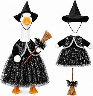 Porch Goose Halloween Outfit Witch Costume for 23 Inch Lawn Geese Statue | Porch Goose Clothes with Spiderweb Dress Witch Hat Broom, Halloween Decorations Outdoor Goose Accessories Garden Yard Decor