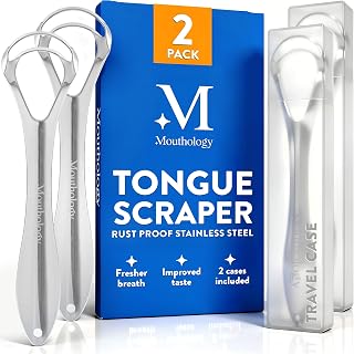 Mouthology Tongue Scraper For Adults (2 Pack), Reduce Bad Breath, Metal Tongue Scraper, Tongue Cleaner, Tongue Scraper, Stainless Steel Tongue Scraper, Tongue Cleaner for Adults, Tongue Scrubber