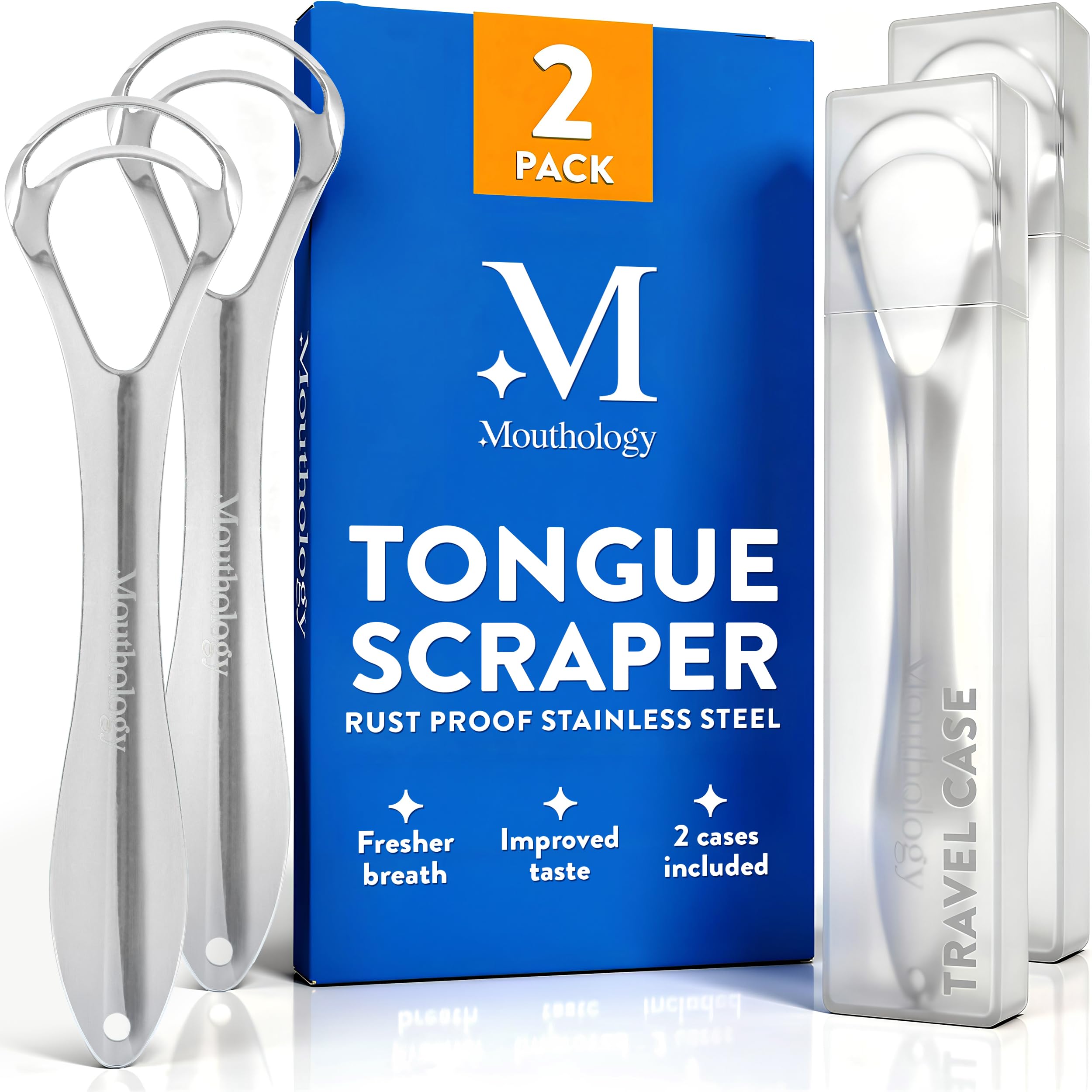 Mouthology Tongue Scraper For Adults (2 Pack), Reduce Bad Breath, Metal Tongue S