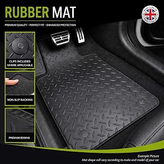 GCM - Universal Rubber Car Mats – Heavy Duty All Weather Mats Set with Non-Slip Backing – Easy Clean Car Mats Universal Fit for Cars and Vans (White Edging, Rubber)