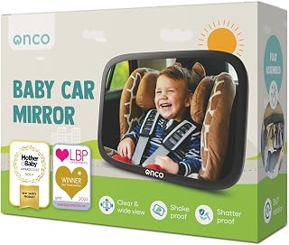 Onco Baby Car Mirror - Award-Winning, Shatterproof & Shakeproof [Black] | Easily monitor your rear-facing baby with this premium, non-slip back seat mirror featuring 360° rotation.