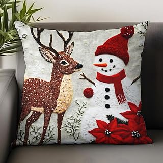 Practical Christmas Decorative Throw Pillow Covers 17.5 x 17.5 Inch Reindeer Santa Claus Snowman Christmas Decoration with Invisible Zipper for Living Room Sofa Bedroom