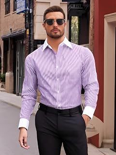 Mens Pink Contrast White Collar And Cuffs Slim Fit Business Casual Long Sleeve Shirt