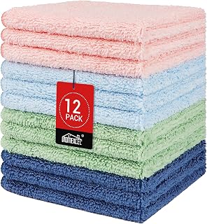 HOMEXCEL Microfiber Washcloths 12 Pack, Highly Absorbent and Soft Face Towel, Multi-Purpose Wash Cloths for Bathroom, Hotel, Spa, Gym, and Kitchen, 12x12 Inch