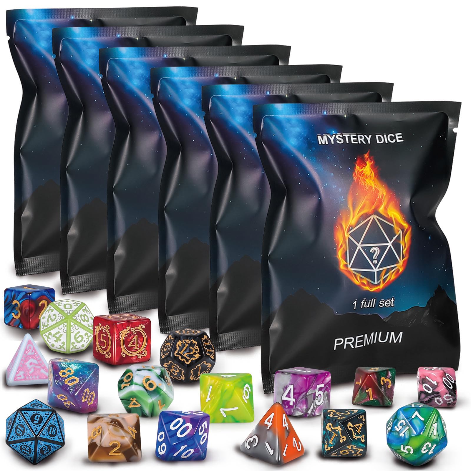 QMAY Mystery Dice Set – 42 Pcs Acrylic Polyhedral Dice + 6 Pcs Velvet Bag | 6 Ba
