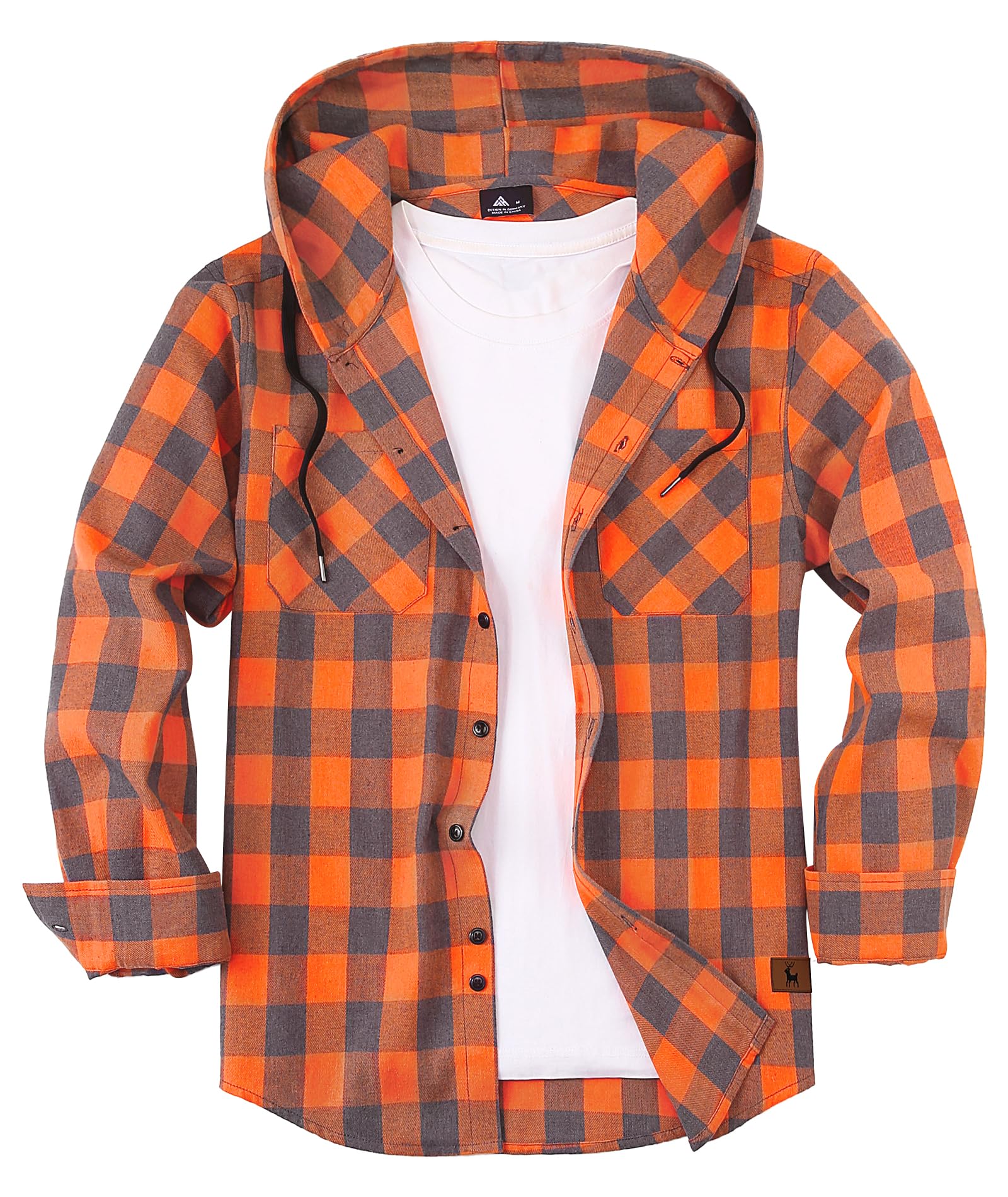 Flannel Hoodie for Men Casual Button Up Shirt Long Sleeve Plaid Hoodie with Pock