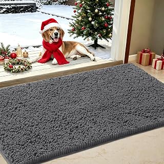 Chenille Absorbent Indoor Door Mat for Rainy Days 36" x 24", Keep Rain Outside, Washable Entry Rug for Wet Shoes, Muddy Paw Mat for Rainy Weather, Non‑Slip Outdoor Doormat for Entryway, Grey