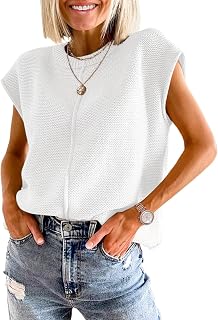 Oyamiki Loose Fit Womens Summer Crew Neck Cap Sleeve Tops Cute Pullover Sweater Vest Elegant Causal Knit Top