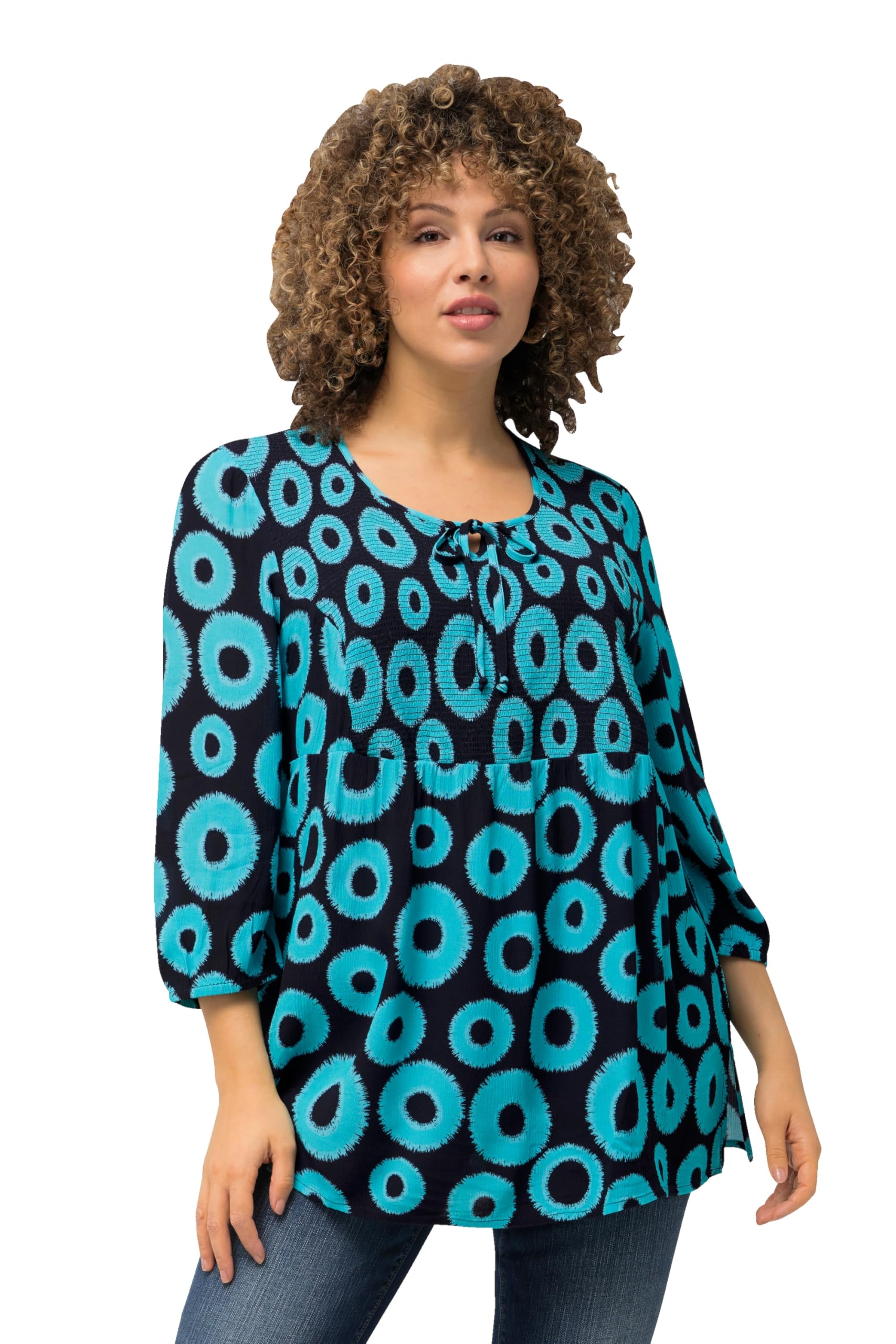 Ulla Popken Smock Knit Blouse Circles A-Line Round Neck 3/4 Sleeve 829086