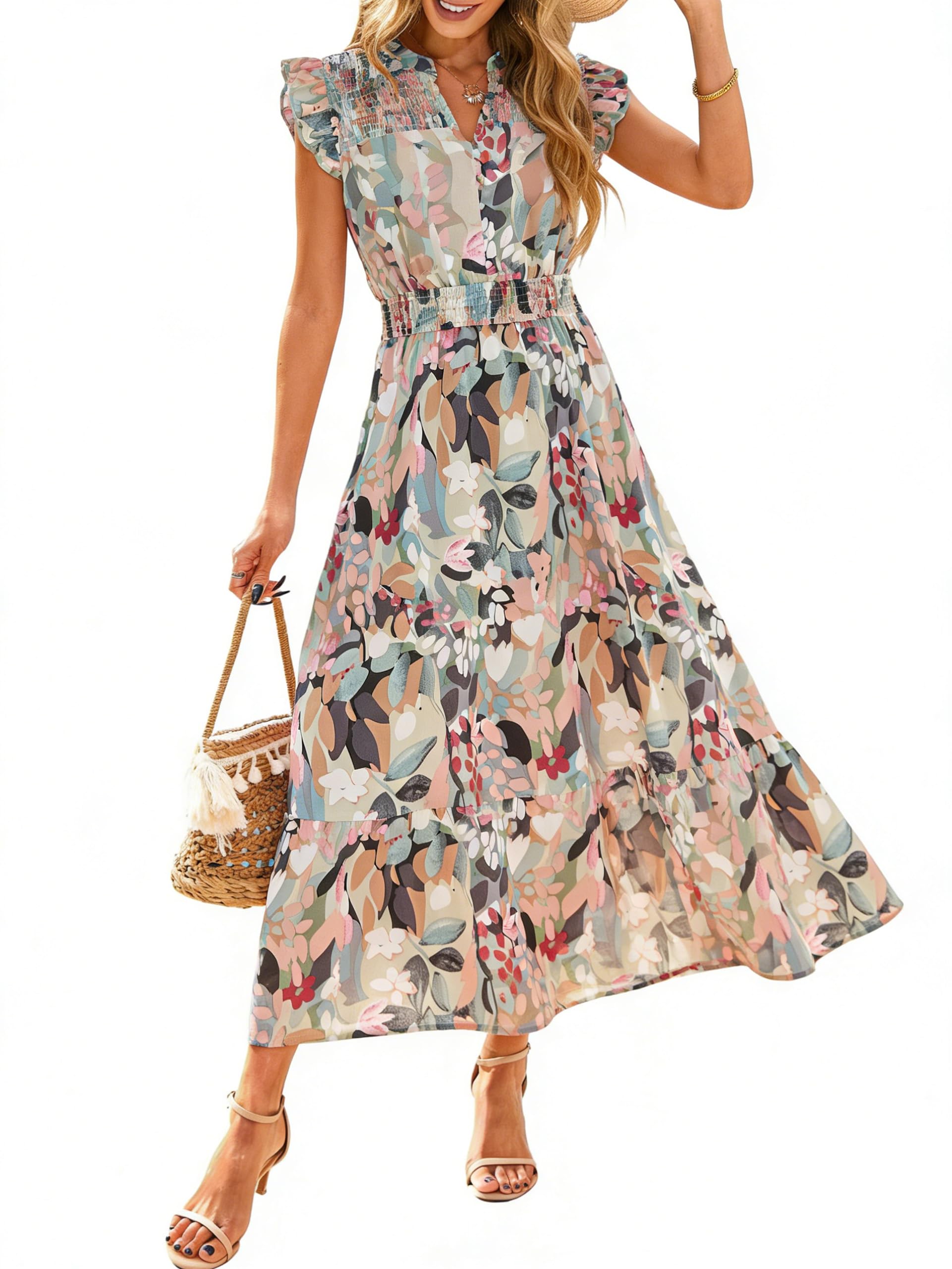 Simplee Womens Summer Floral Mixi Dress V Neck Ruffle Short Sleeve Flowy Dress B