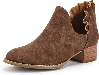 FISACE Women's Almond Toe Low Heel Western Ankle Boots Faux Leather Side Zipper Winter Shoes
