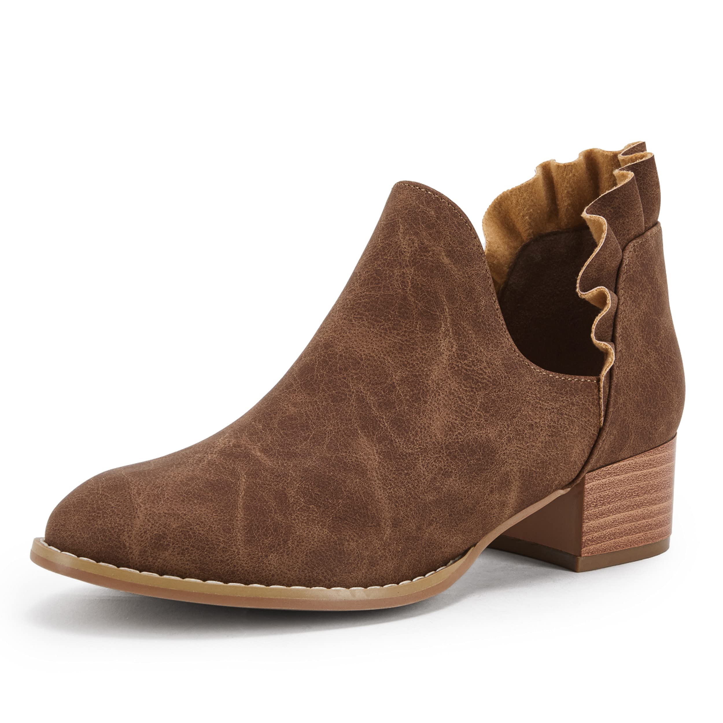 FISACE Women's Almond Toe Low Heel Western Ankle Boots Faux Leather Side Zipper 