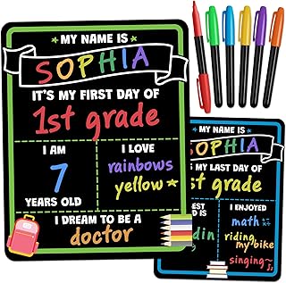 First and Last Day of School Sign Board - Reusable, Double-Sided Chalkboard | Includes Liquid Chalk Markers - 14 x 11 Back to School Decorations Board for Preschool & Kindergarten