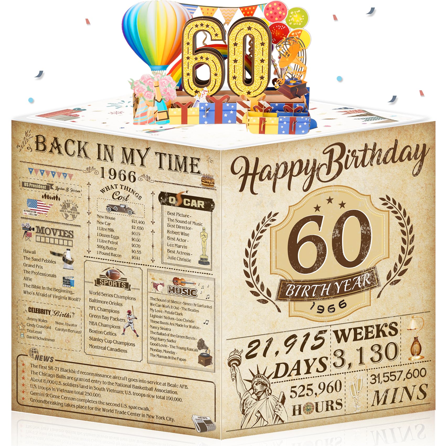 60th Birthday Card for Men Women, 3D Pop Up 60th Birthday Gifts Cards for Him He