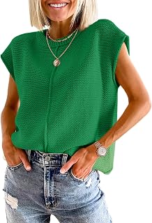Oyamiki Loose Fit Womens Summer Crew Neck Cap Sleeve Tops Cute Pullover Sweater Vest Elegant Causal Knit Top