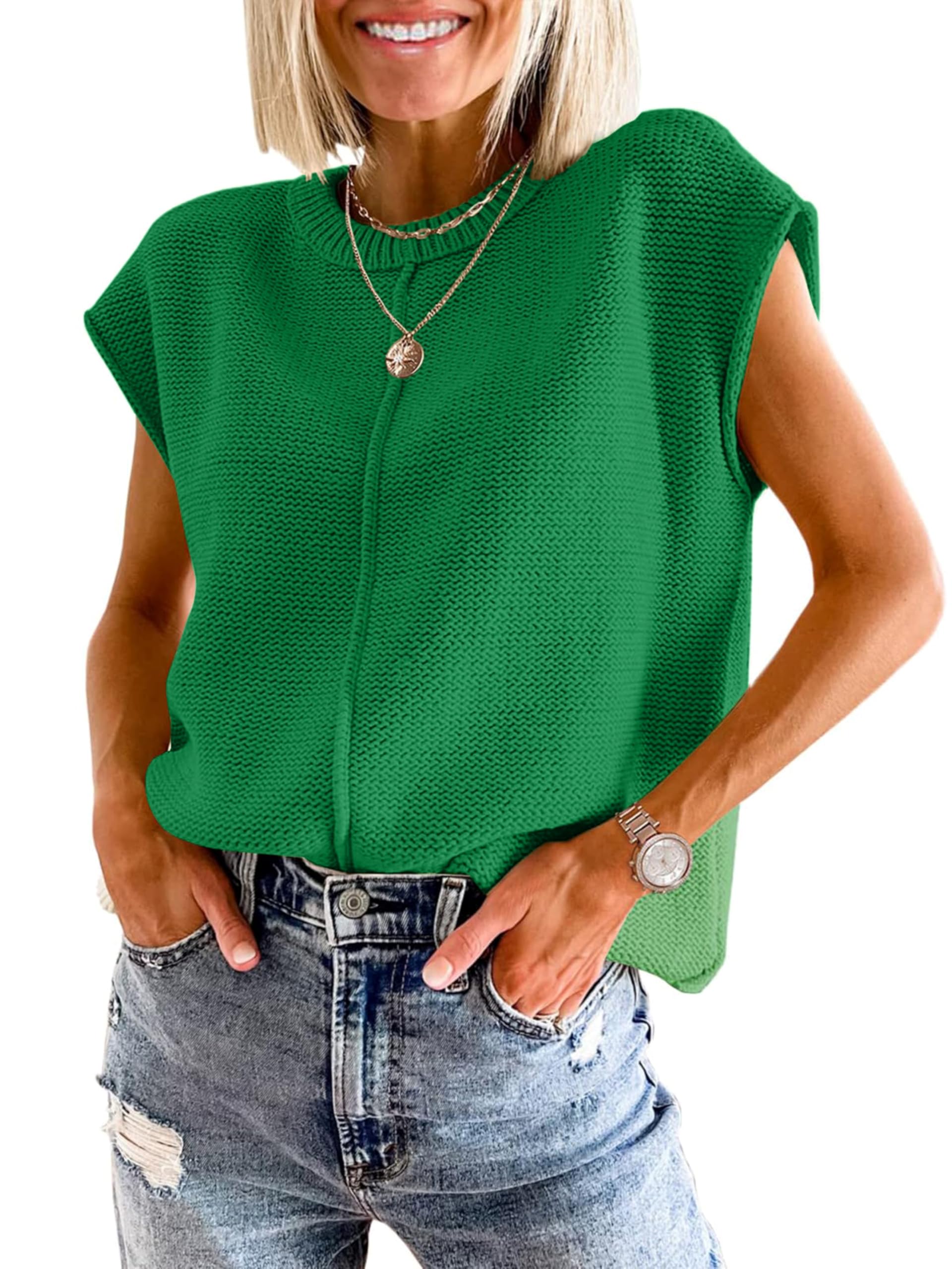 Oyamiki Loose Fit Womens Summer Crew Neck Cap Sleeve Tops Cute Pullover Sweater 