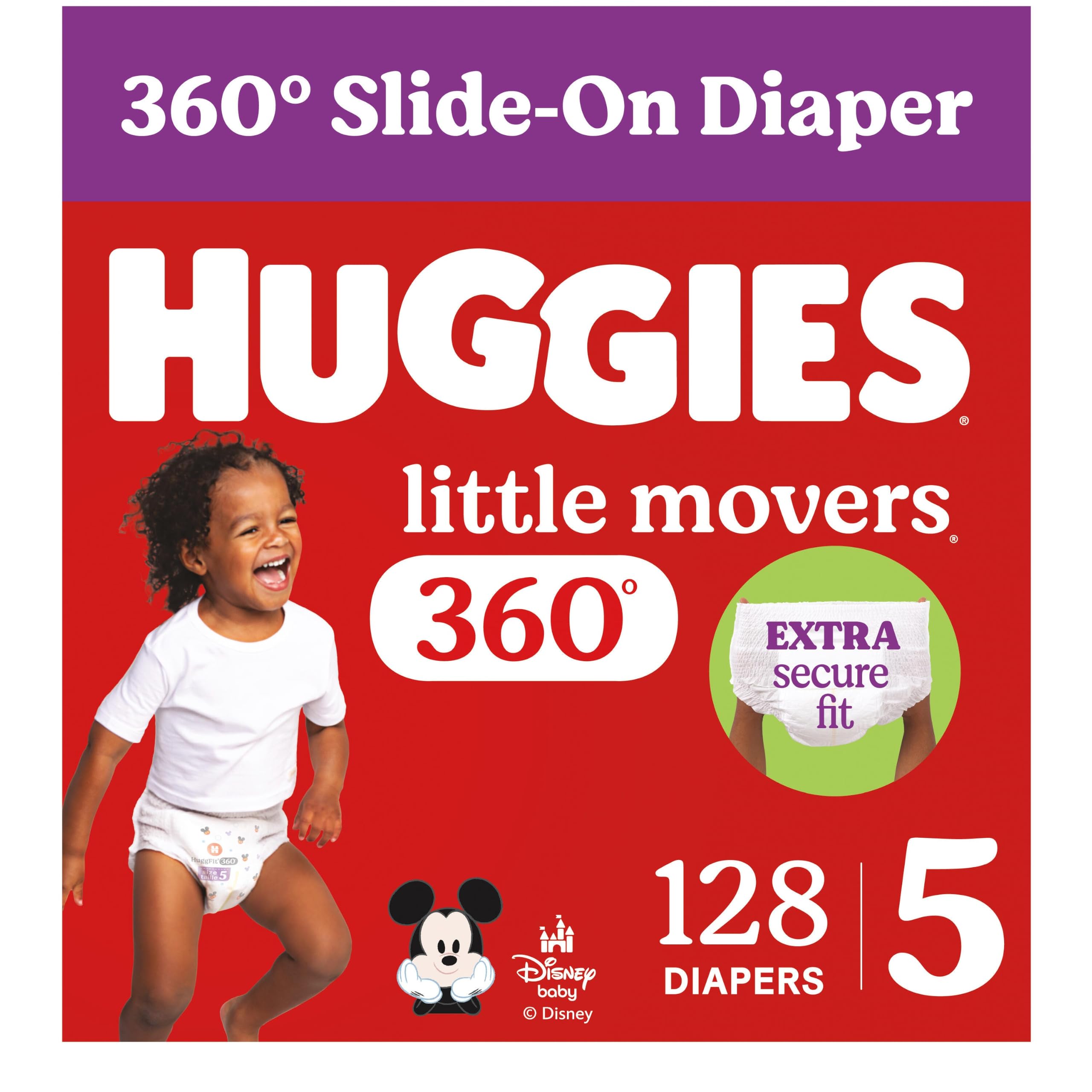 Huggies Little Movers HuggFit 360 Diapers Size 5, 128 Count (2 Packs of 64) | Pu