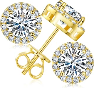 Moissanite Halo Earrings Stud Screw Back 0.2-8.0ct 3-10mm 18K White Gold Plated 925 Sterling Silver Lab Round Cut Brilliant Moissanite Halo Earrings for Women Men
