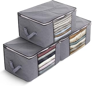 Delka 90L Storage Bags with Lids, Large Storage Boxes with lids, Storage Unit for Clothes, Duvets, Blankets, Toys, Pack of 3 Foldable Organizers with Reinforced Handles and Clear Window - Grey