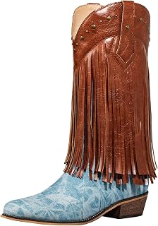 SheSole Fringe Cowboy Boots for Women Wide Mid Calf Cowgirl Boots with Studded, Pointed Toe Chunky Heel Trendy Western Boot