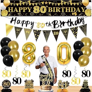 80th Birthday Decorations for Men, Black Gold 80th Party Decoration Kits