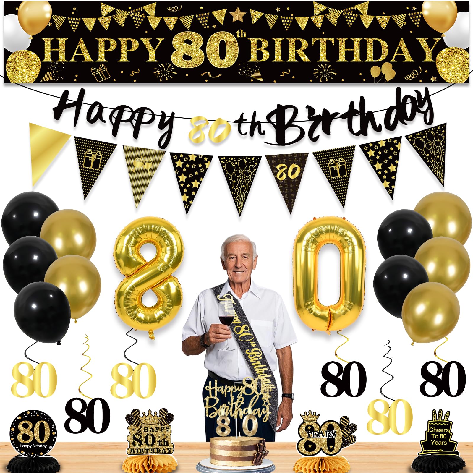 80th Birthday Decorations for Men, Black Gold 80th Party Decoration Kits