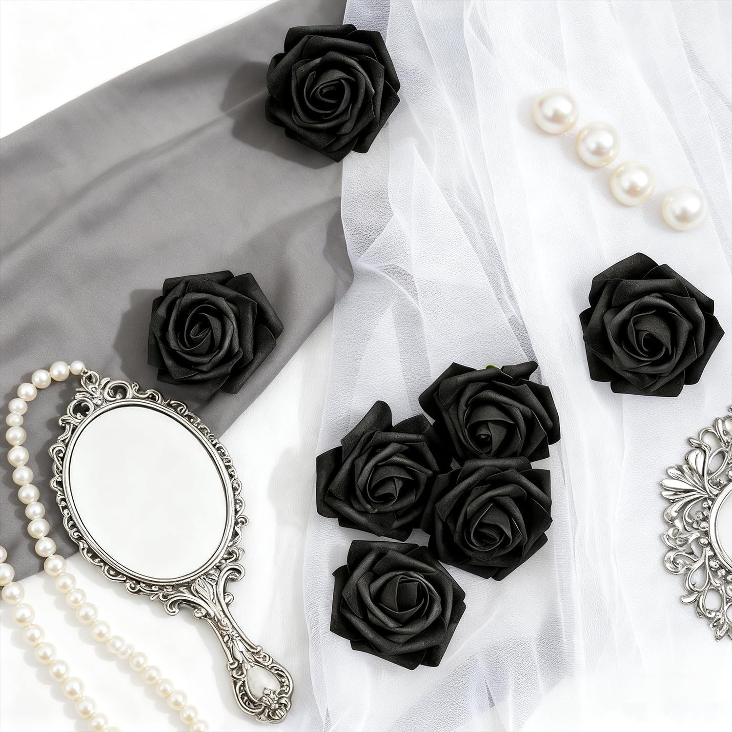 Artificial Foam Flowers, 12 Black Roses with Stems for Home Decor DIY Wedding Bo