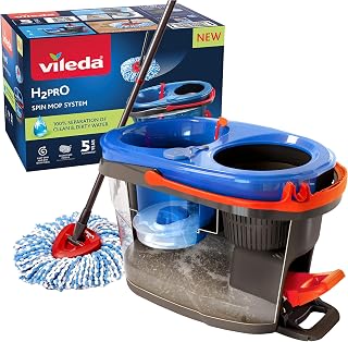 Vileda H2PrO Spin Mop Mop System with Spin | Clean and Dirty Water Separation | Two Tank System | Effortless Wringing with Pedal | Microfibre Bow | Ergonomic Design