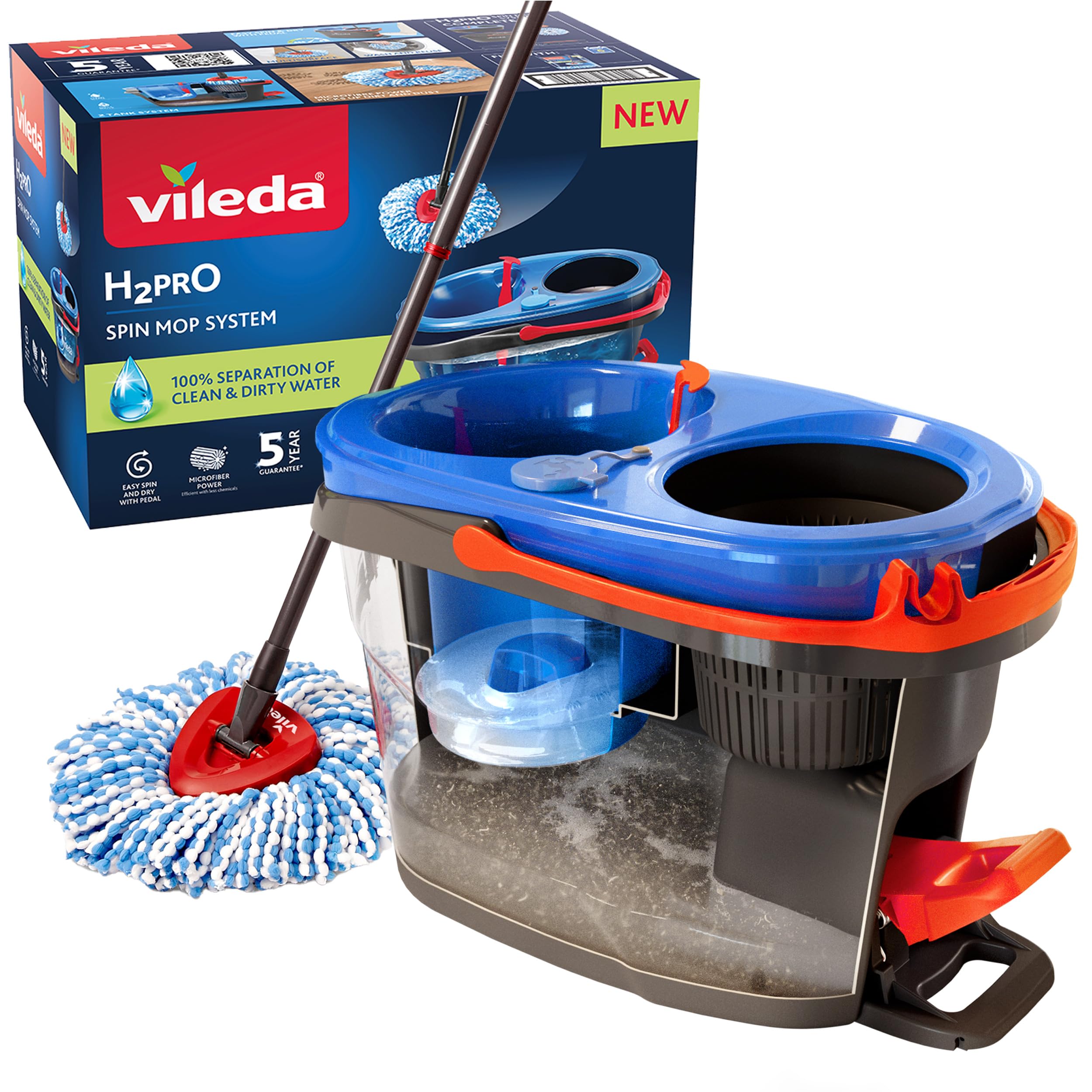 Vileda H2PrO Spin Mop Mop System with Spin | Clean and Dirty Water Separation | 