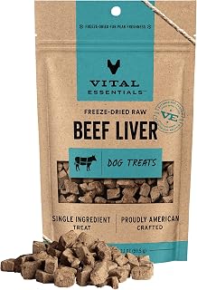 Vital Essentials Freeze Dried Dog Treats, Beef Liver, 2.1 oz Bag | Single Ingredient, Made With 100% Beef Liver, Grain-Free Training Treats, USA Made with U.S. & Globally Sourced Ingredients