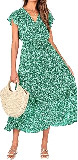 BTFBM Women Summer Casual Wrap V Neck Ruffle Cap Sleeve Belted Midi Dress