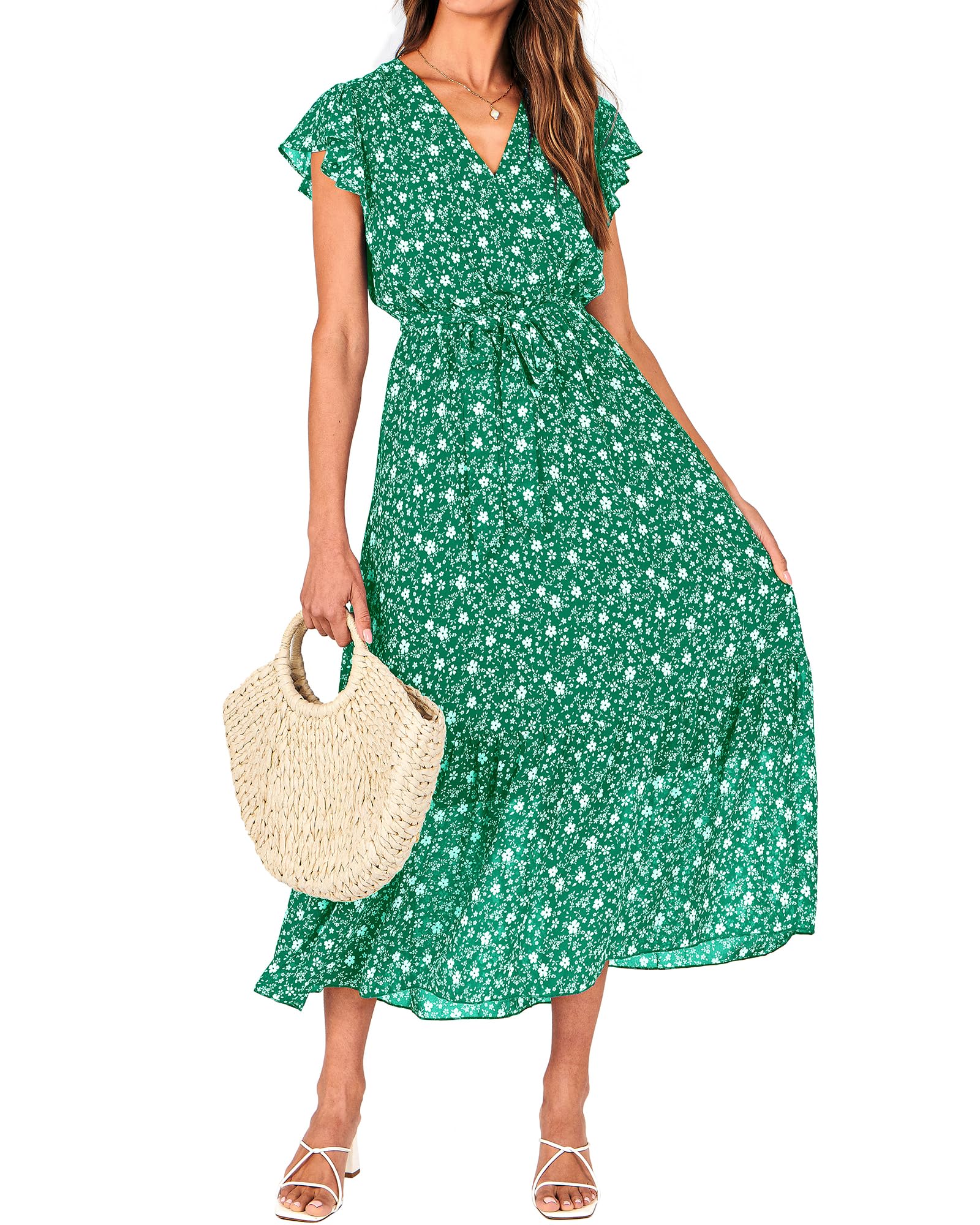BTFBM Women Summer Casual Wrap V Neck Ruffle Cap Sleeve Belted Midi Dress