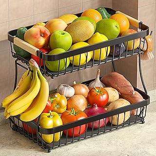 Sevenblue 2-Tier Fruit Basket with Banana Hangers, Detachable Metal Bowl | Wooden handle, protective mats included. Versatile holder for bread, snacks, and veggies. Large 2 tier metal design.