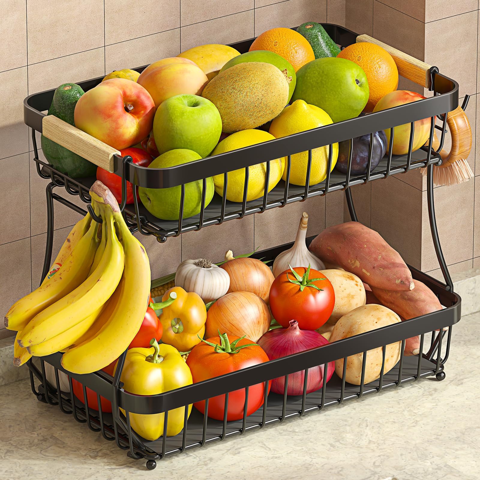Sevenblue 2-Tier Fruit Basket with Banana Hangers, Detachable Metal Bowl | Woode