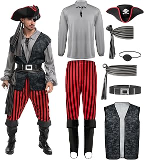 Spooktacular Creations Men Pirate Costume, Adult Pirate Shirt Vest Viking Pants Hat Set for Halloween Themed Parties