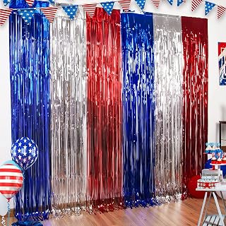 LOLStar 4th of July Decorations Red White Blue Foil Fringe Curtains, 5Pack