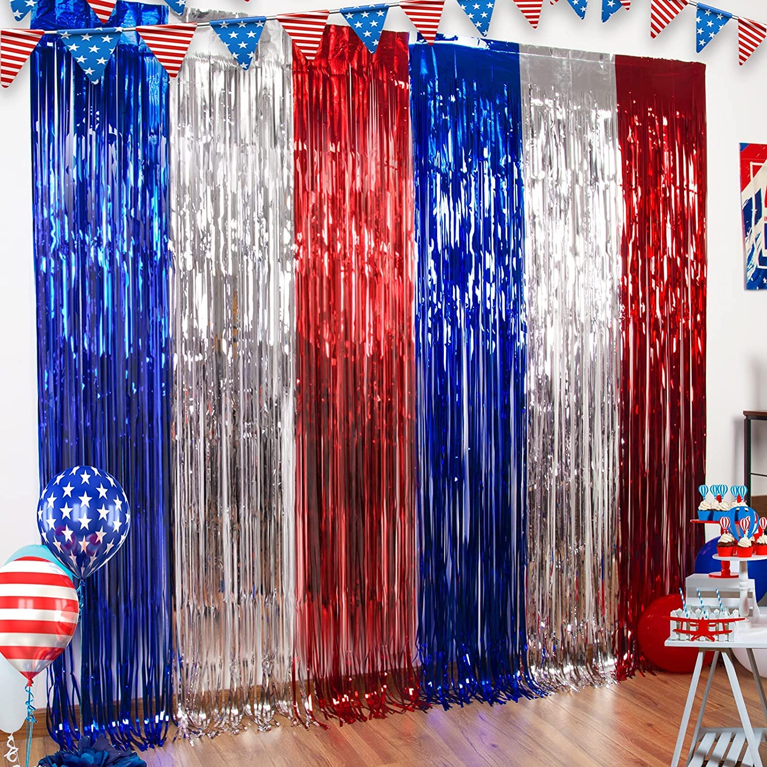 LOLStar 4th of July Decorations Red White Blue Foil Fringe Curtains, 5Pack